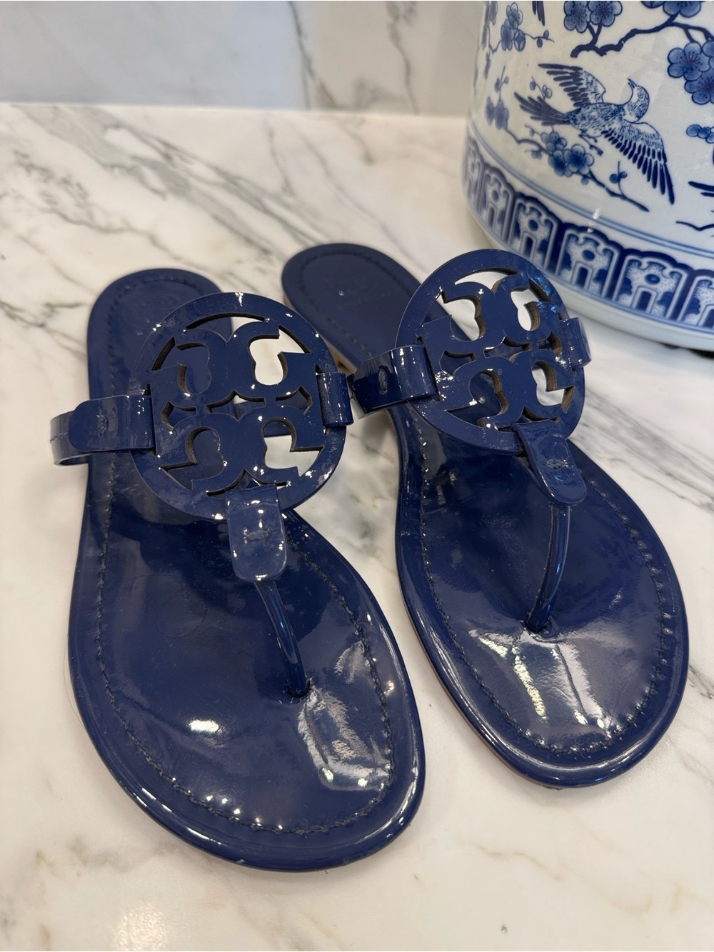 Tory Burch Navy Patent Logo Thong Sandals